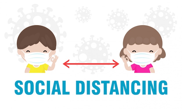 Coronaviruspreventie, sociale afstand, jongen en meisje op afstand houden voor infectierisico's en ziekte, met chirurgisch beschermend medisch masker om het virus covid-19 te voorkomen. gezondheidszorg concept.