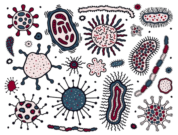 Infezione da coronovirus covid-19, set disegnato a mano di microbo. pandemia del 20 ° secolo, trasmessa da goccioline trasportate dall'aria