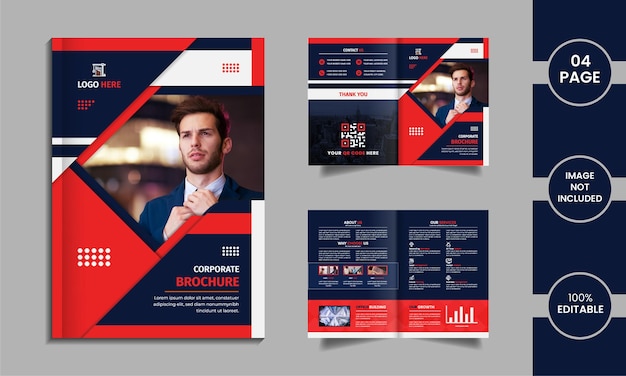 Corporate 4 page brochure design with creative shapes and data on a white background.