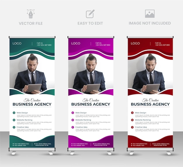 ベクトル 企業のビジネス代理店は、抽象的なデザイン 3 の最高の色のバナー テンプレートをロールアップまたはスタンドします。