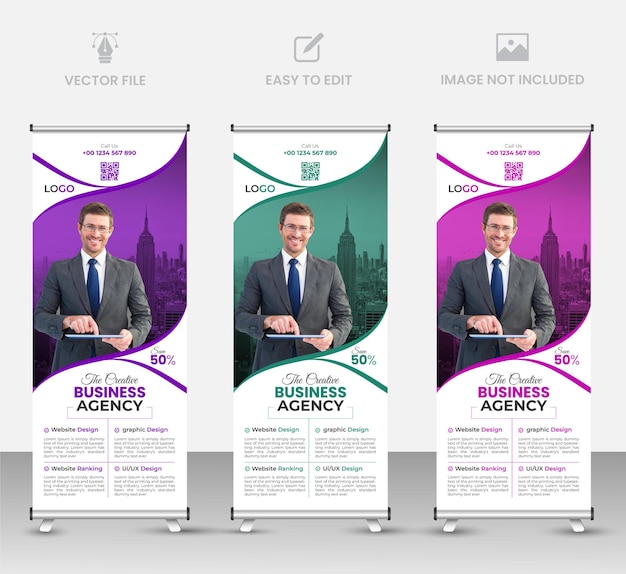 Corporate business agency roll up or stand banner template with abstract design 3 color