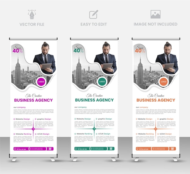 企業のビジネス代理店は、抽象的なデザイン 3 色のバナー テンプレートをロールアップまたはスタンドします。