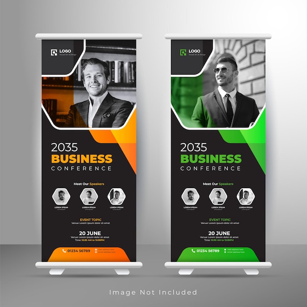 Vector corporate business conference rollup banner of business webinar rack card flyer sjabloon