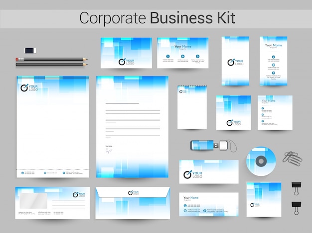 흰색과 하늘색 색상에서 기업 비즈니스 키트.