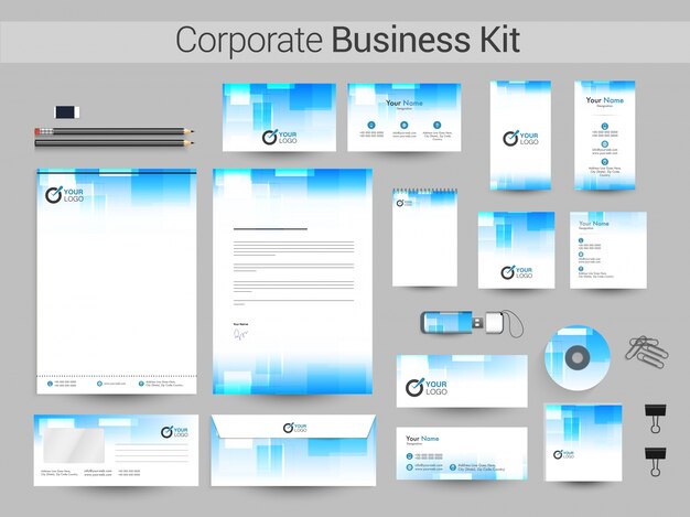 Corporate business kit in witte en luchtblauwe kleuren.