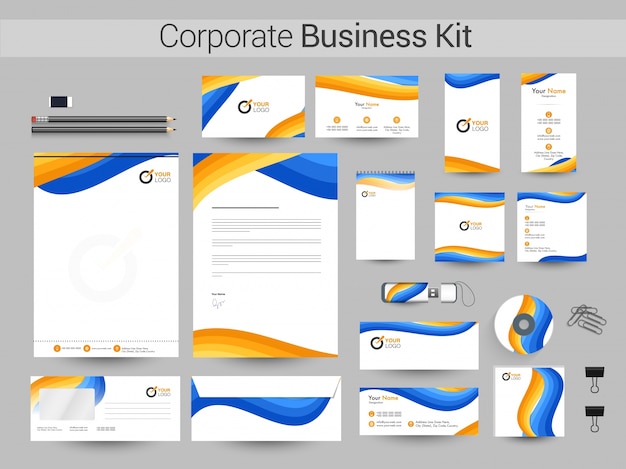 Corporate Business Kit met gele en blauwe golven.