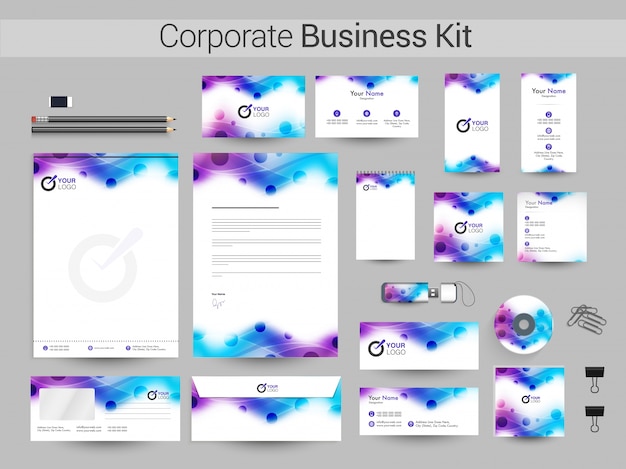 Corporate business kit with blue and purple waves.