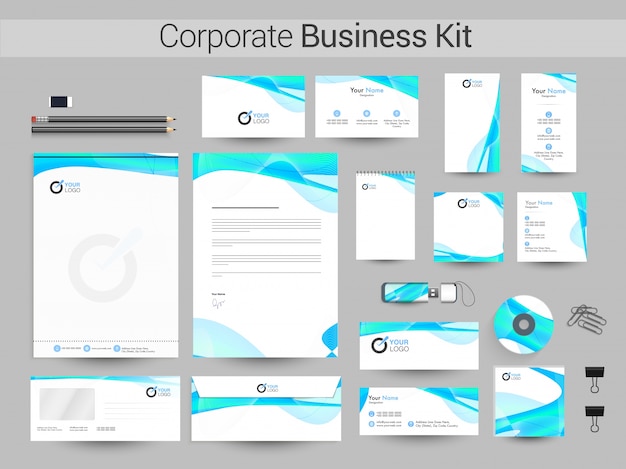 Corporate Business Kit with glossy abstract waves.