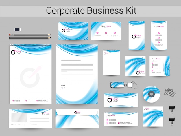 Corporate business kit with glossy blue waves.