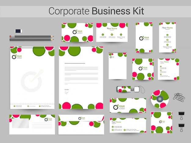 녹색과 분홍색 동그라미와 기업 비즈니스 키트입니다.