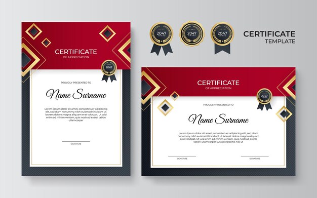 Corporate certificate of achievement template with red and gold color combination