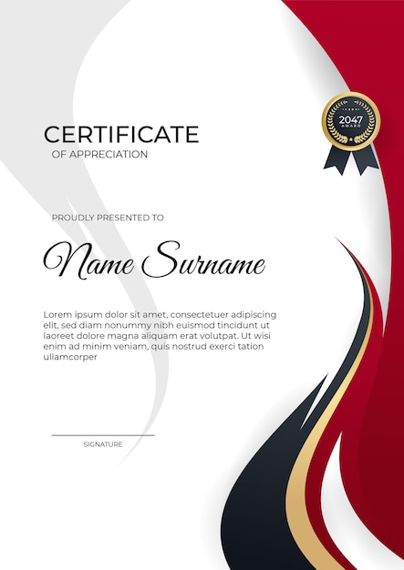 Corporate certificate of achievement template with red and gold color combination