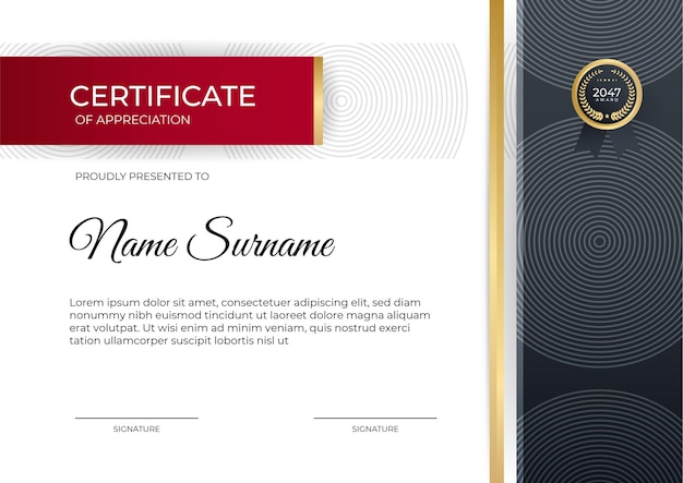 Corporate certificate of achievement template with red and gold color combination