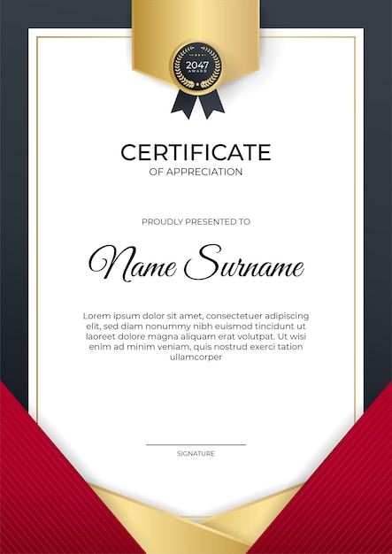 Corporate certificate of achievement template with red and gold color combination