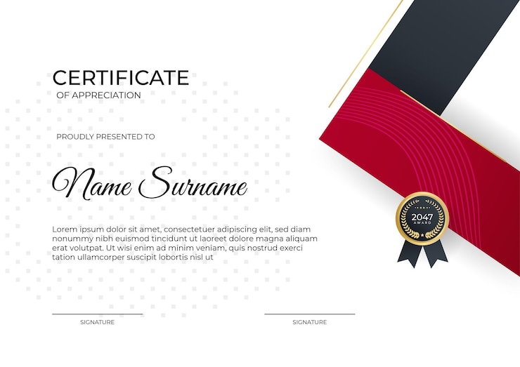 Vector corporate certificate of achievement template with red and gold color combination
