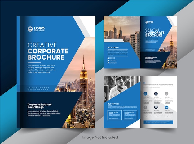 Corporate company business bifold brochure and cover layout concept design with modern shapes