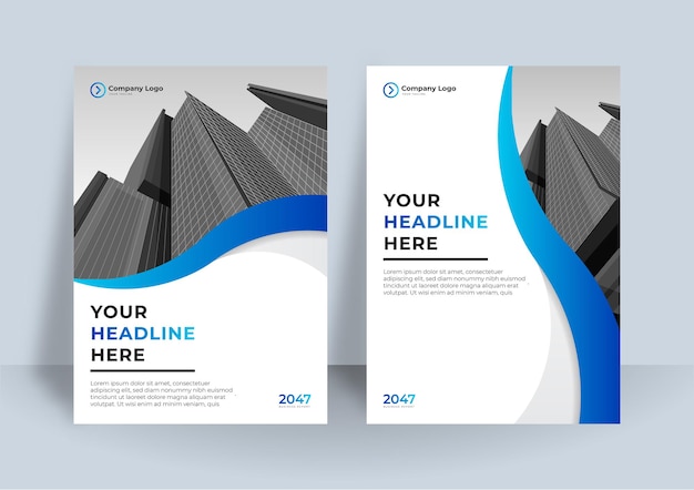 ビジネスデザインの企業の表紙デザインまたはパンフレットテンプレートの背景。 a4サイズのモダンなビジネスチラシレイアウトテンプレート。青い波の要素を持つモダンなカバーデザインの年次報告書