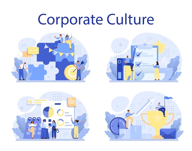 Vector corporate culture concept set. corporate relations. business ethics. corporate regulations compliance. company policy and business course.