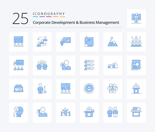 Corporate development en business management 25 blue color icon pack inclusief inspanningen zakelijke vooruitgang grafiek personeel