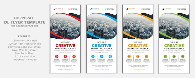 Corporate DL Flyer Template Design met rood blauw geel en groen vier kleurenvariatie