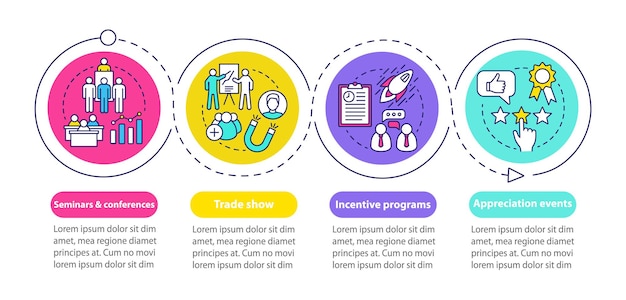 기업 이벤트 관리 infographic 템플릿입니다. 세미나 및 컨퍼런스, 인센티브 프로그램, 감사 이벤트. 4단계로 데이터 시각화. 프로세스 타임라인 차트. i를 사용한 워크플로 레이아웃