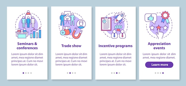 corporate event management onboarding mobile app page screen with linear concepts. seminars &amp; conferences, incentive programs, appreciation events walkthrough instructions. ux, ui, gui vector temp