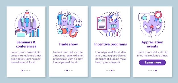 Corporate event management onboarding mobile app page screen with linear concepts. Seminars &amp; conferences, incentive programs, appreciation events walkthrough instructions. UX, UI, GUI vector temp