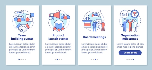 벡터 기업 이벤트 관리 서비스는 선형 개념으로 모바일 앱 페이지 화면을 온보딩합니다. 팀 빌딩, 제품 출시 이벤트 연습 단계 그래픽 지침. ux, ui, gui 벡터 템플릿