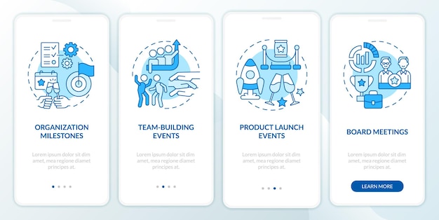 Esempi di eventi aziendali schermata blu dell'app mobile di onboarding