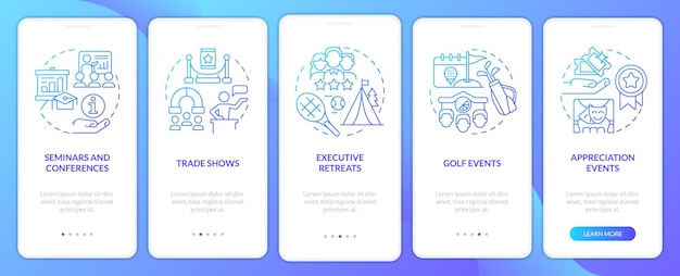 Corporate events types blue gradient onboarding mobile app screen