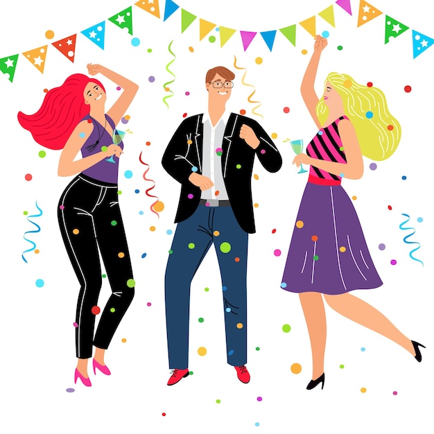 Vector corporate friendly event. cartoon friends group celebrating and dancing in business trendy costumes, vector illustration concept of entertainments with dances and happy rest