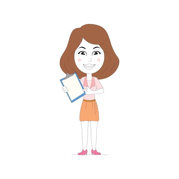  Corporate Girl character holding clipboard. Girl holding empty note. Cartoon illustration. 