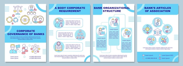 은행 브로셔 템플릿의 기업 지배 구조입니다. 전단지, 소책자, 전단지 인쇄, 선형 아이콘이 있는 표지 디자인. 프레젠테이션, 연례 보고서, 광고 페이지용 벡터 레이아웃