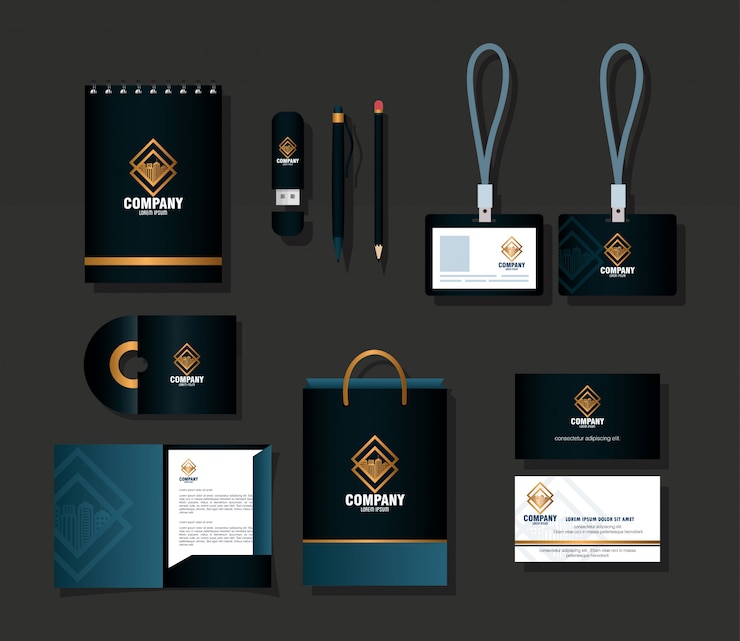Vector corporate identity brand mockup, mockup of stationery supplies black color with golden sign