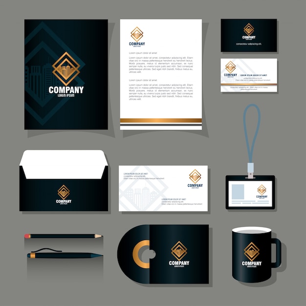 Corporate identity brand mockup, stationery supplies black color with golden sign