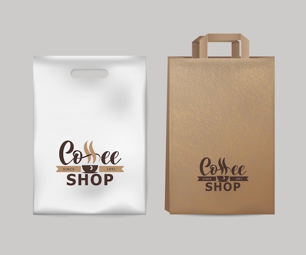 Вектор Фирменный стиль кофейной индустрии реалистичный брендинг макет шаблона бумажной упаковки логотип шаблон кофейной бумажной упаковки целлофановые пакеты макет для кофейни кафе ресторана векторная иллюстрация