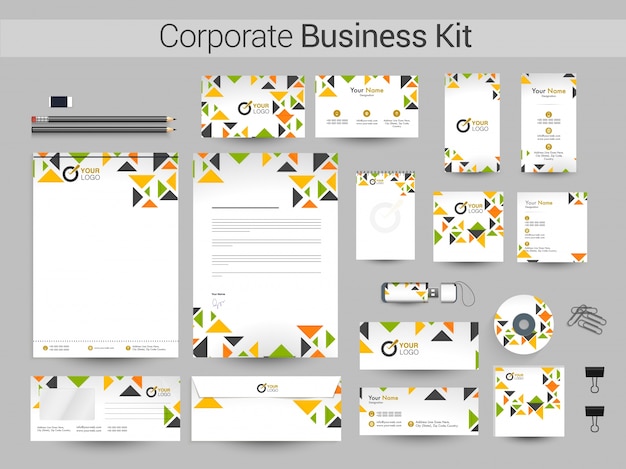 カラフルな三角形のコーポレートアイデンティティキット。