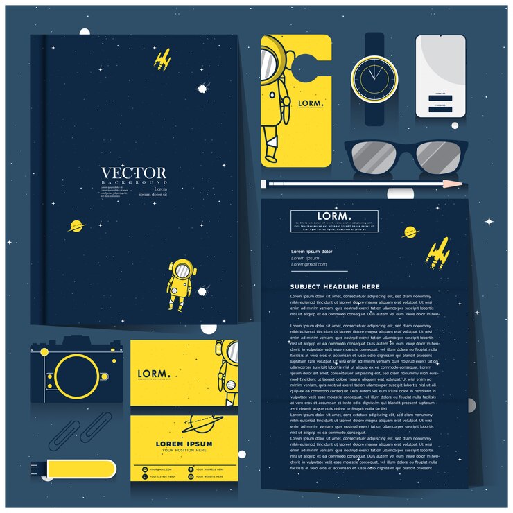 Vector 파란색과 노란색 색상으로 설정된 기업의 정체성, 공간 탐색 개념