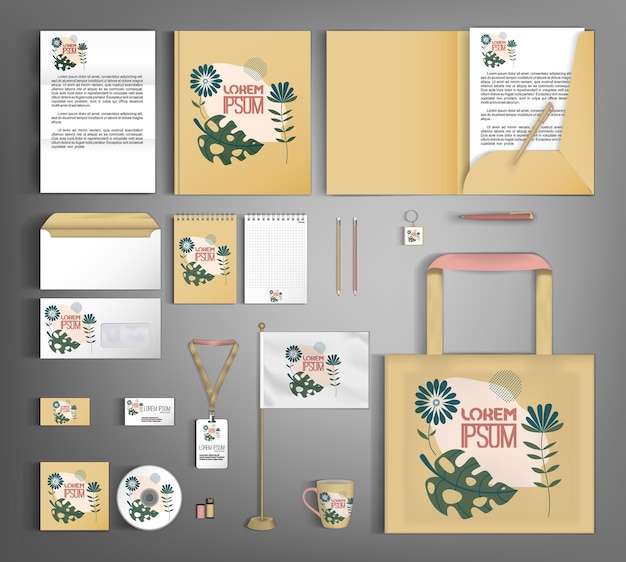 Corporate identity template with minimalist style floral ornament vector illustration