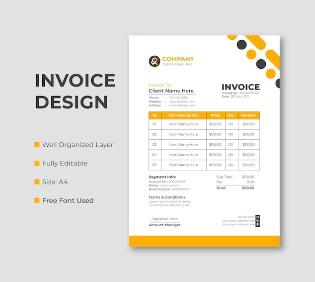 Corporate invoice template design in yellow color