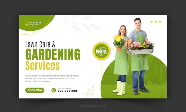 Vector corporate lawn care and gardening or landscaping service live stream youtube video thumbnail design