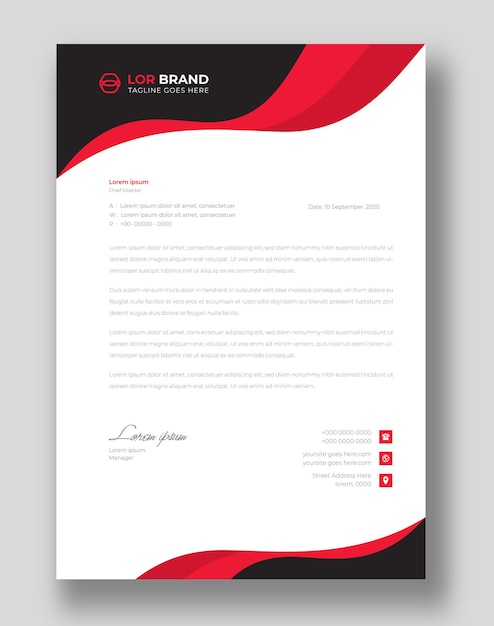 Corporate modern company letterhead design template with red shapes