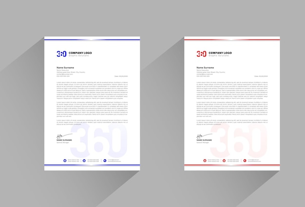 Corporate modern letterhead design template with blue and red color