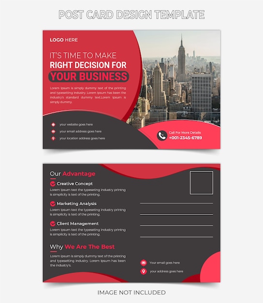 Corporate modern postcard design with red and black template