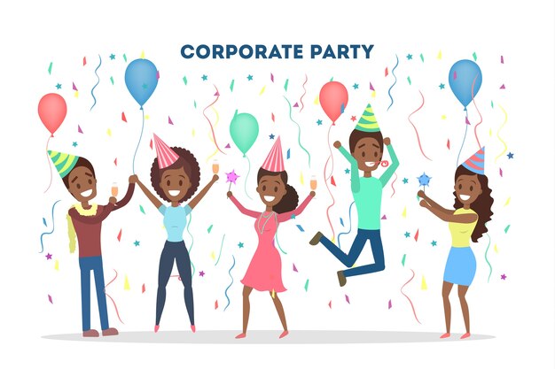 Corporate party in the office with balloons and confetti. people have fun and drink champagne.    illustration