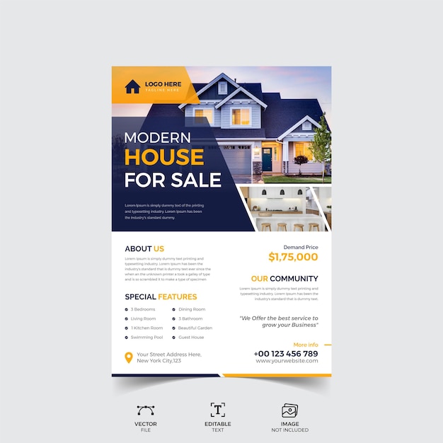 Vector corporate real estate poster or modern home sale flyer template design