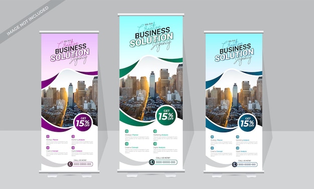 Корпоративный дизайн свернутого баннера с 3 цветами для дизайна маркетингового баннера