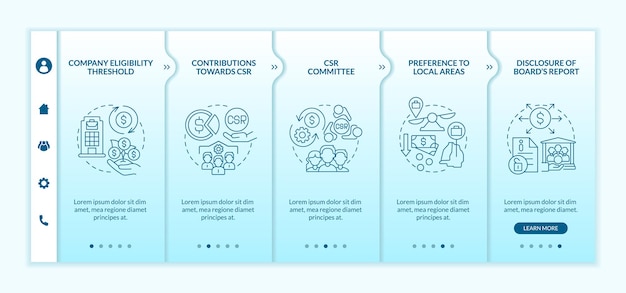 Corporate social responsibility basics blue gradient onboarding vector template. Responsive mobile website with icons. Web page walkthrough 5 step screens. Color concept with linear illustrations