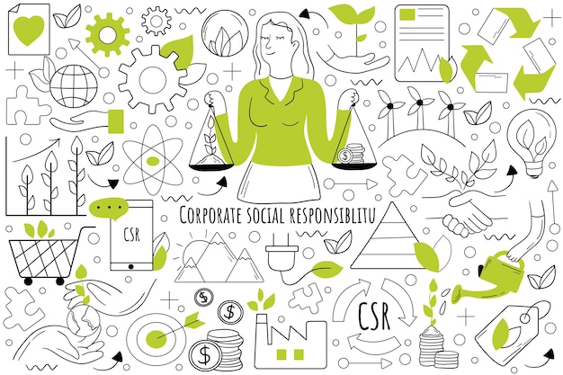 Corporate social responsibility doodle set. collection of hand drawn doodles.