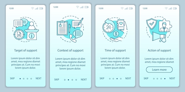 Modello vettoriale dello schermo della pagina dell'app mobile per l'onboarding della responsabilità sociale aziendale. passaggi del sito web di procedura dettagliata della licenza sociale. target, contesto, tempo, azione di supporto. interfaccia smartphone ux, ui, gui